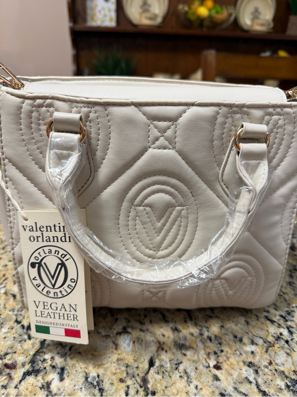 Valentino Orlandi Cream Quilted Vegan Leather Satchel